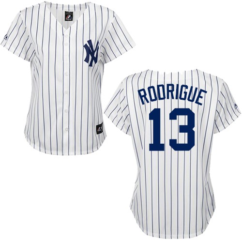 Women's Majestic New York Yankees #13 Alex Rodriguez Authentic White/Black Strip MLB Jersey