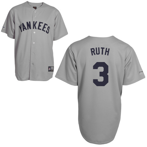 Men's Mitchell and Ness New York Yankees #3 Babe Ruth Authentic Grey Throwback MLB Jersey