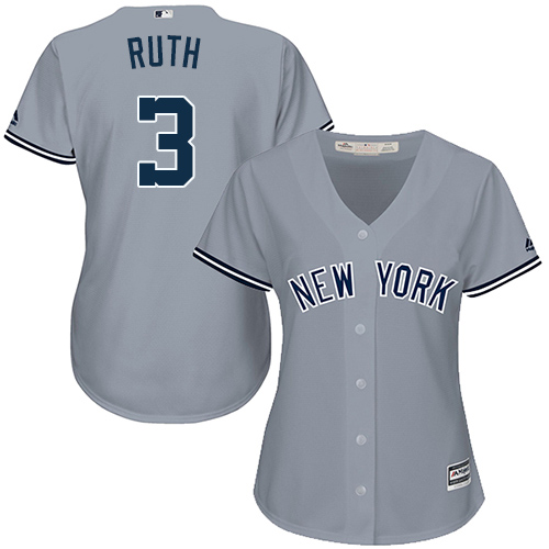 Women's Majestic New York Yankees #3 Babe Ruth Authentic Grey Road MLB Jersey