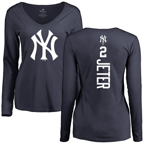 MLB Women's Nike New York Yankees #2 Derek Jeter Navy Blue Backer Long Sleeve T-Shirt