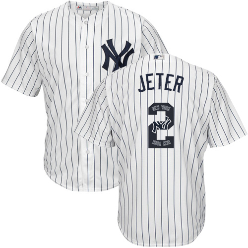 Men's Majestic New York Yankees #2 Derek Jeter Authentic White Team Logo Fashion MLB Jersey