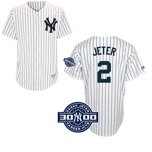 Men's Majestic New York Yankees #2 Derek Jeter Authentic White W/3000 Hits Patch(Have Player Name on Back) MLB Jersey