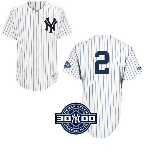 Men's Majestic New York Yankees #2 Derek Jeter Authentic White W/3000 Hits Patch MLB Jersey