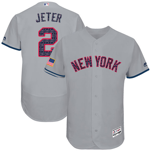 Men's Majestic New York Yankees #2 Derek Jeter Grey Stars & Stripes Authentic Collection Flex Base MLB Jersey