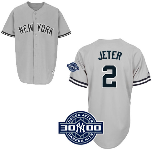 Men's Majestic New York Yankees #2 Derek Jeter Replica Grey W/3000 Hits Patch MLB Jersey