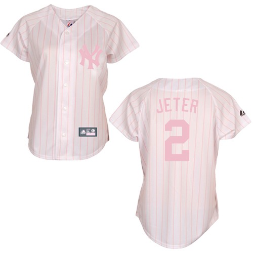Women's Majestic New York Yankees #2 Derek Jeter Replica White/Pink Strip MLB Jersey