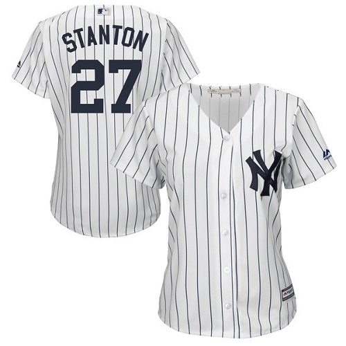 Women's Majestic New York Yankees #27 Giancarlo Stanton Authentic White Home MLB Jersey