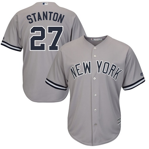 Youth Majestic New York Yankees #27 Giancarlo Stanton Authentic Grey Road MLB Jersey