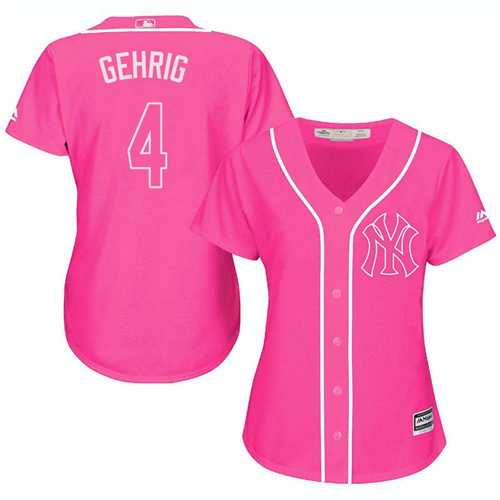 Women's Majestic New York Yankees #4 Lou Gehrig Authentic Pink Fashion Cool Base MLB Jersey
