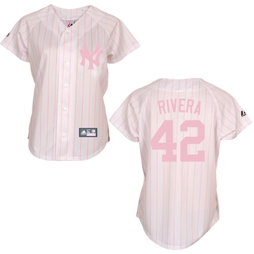 Women's Majestic New York Yankees #42 Mariano Rivera Authentic White/Pink Strip MLB Jersey
