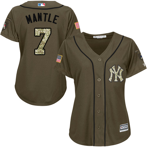 Women's Majestic New York Yankees #7 Mickey Mantle Authentic Green Salute to Service MLB Jersey