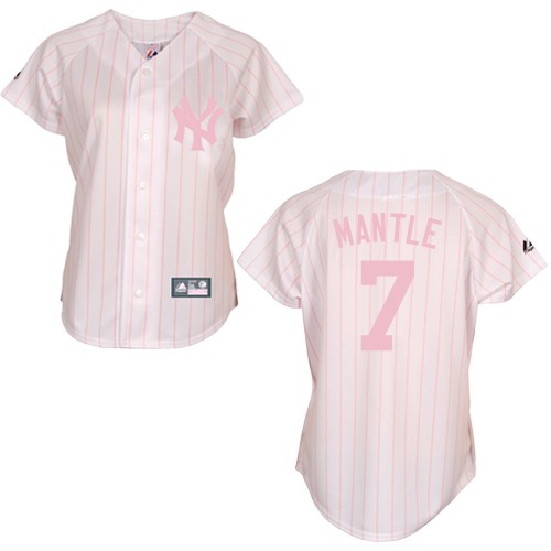 Women's Majestic New York Yankees #7 Mickey Mantle Replica White/Pink Strip MLB Jersey