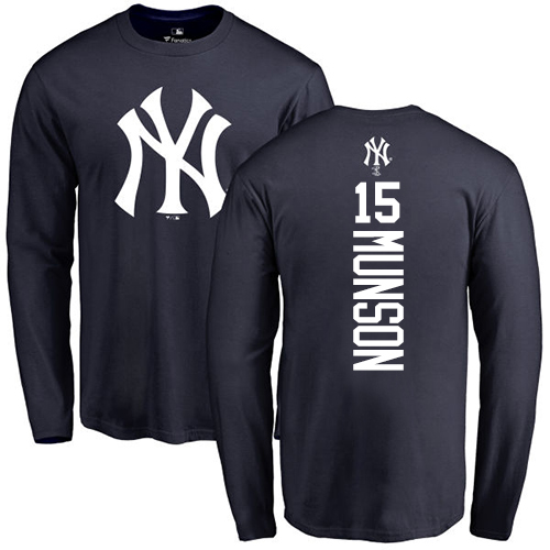 MLB Nike New York Yankees #15 Thurman Munson Navy Blue Backer Long Sleeve T-Shirt
