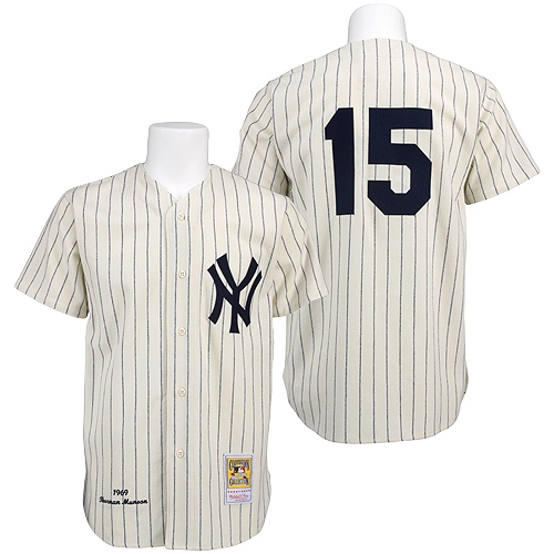Men's Mitchell and Ness 1969 New York Yankees #15 Thurman Munson Authentic Cream Throwback MLB Jersey