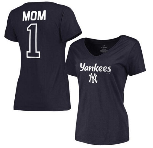 MLB New York Yankees Women's 2017 Mother's Day #1 Mom V-Neck T-Shirt - Navy